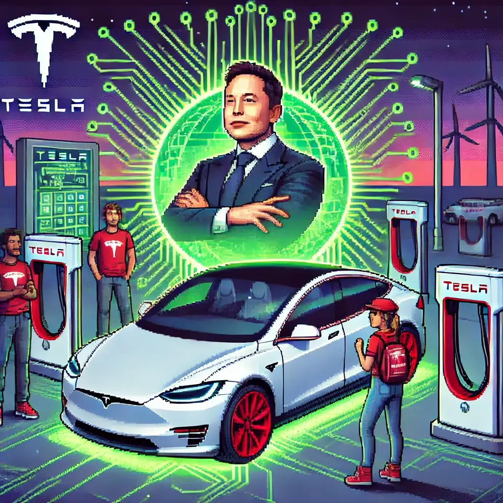 Pixel art of a Tesla owner standing proudly in front of a glowing Tesla car, with green halo and Elon Musk hologram above. Futuristic tech patterns and diverse community around a Supercharger station.