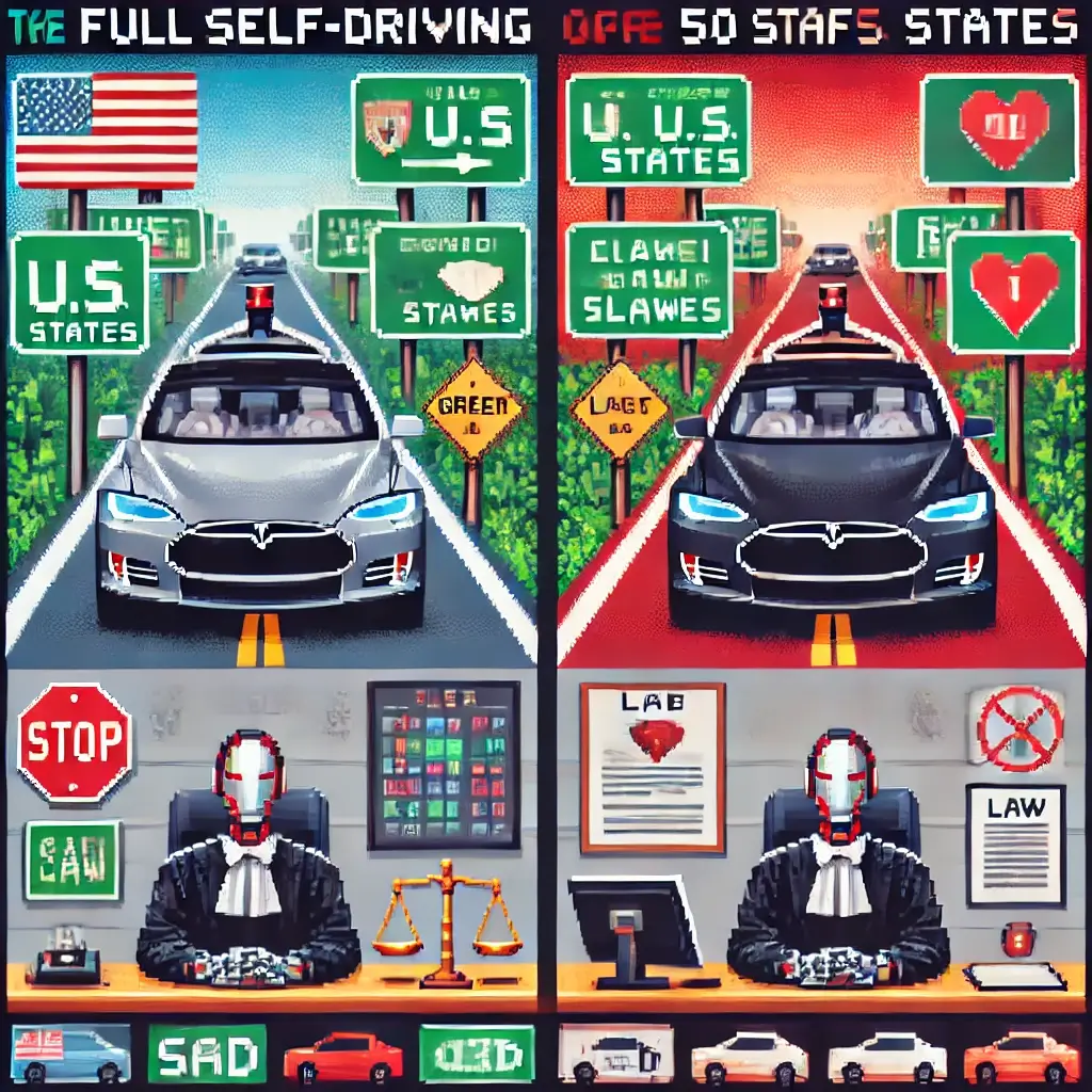 Pixel art of a futuristic Tesla on a split U.S. highway, diverging into paths with state signs marked in green and red, depicting legal differences in autonomous driving laws, with symbols like caution signs, scrolls, and the U.S. flag.