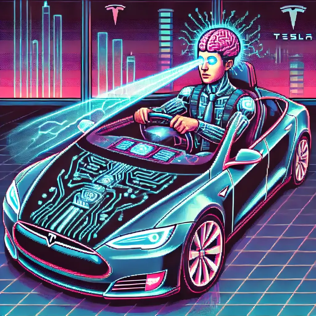 Pixel art of a futuristic Tesla controlled by brainwaves via Neuralink, in a neon-lit city.