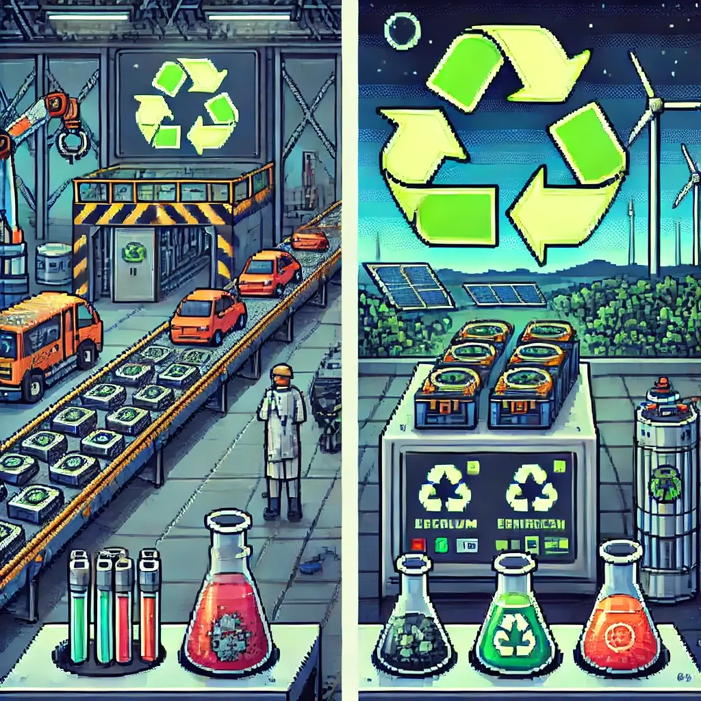 Pixel art of a modern EV battery recycling facility with robotic arms, conveyor belts moving used batteries, a glowing green circular economy symbol, and solar panels and wind turbines in the background.