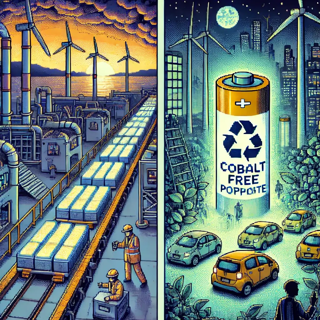 Pixel art of a clean EV factory with LFP batteries on an assembly line; faded background shows children mining cobalt, symbolizing ethical progress.