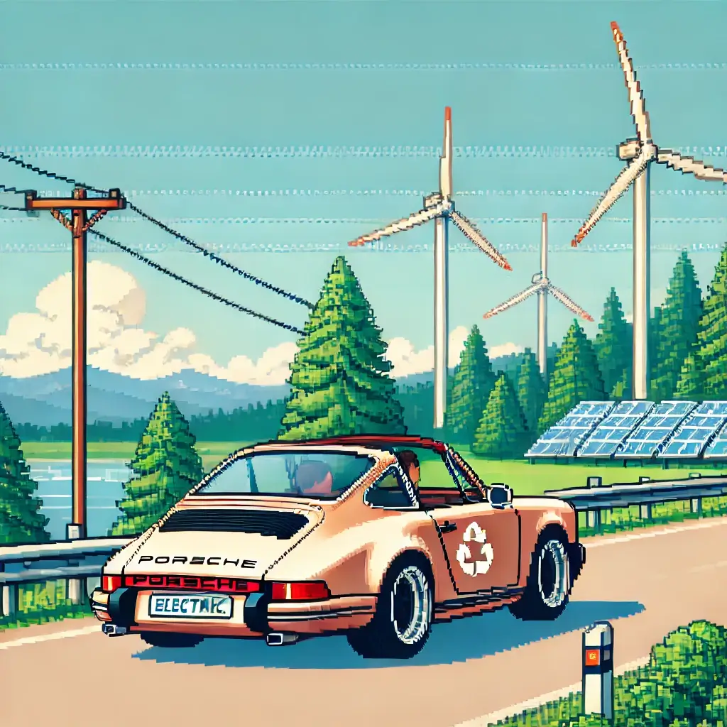 Shocking! 1,000s of Classics Go Electric: The Vintage EV Conversion Revolution! 2 Pixel art showing an Vintage electric Porsche 911 driving on a scenic road with wind turbines and solar panels in the background.
