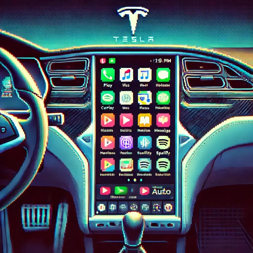 Pixel art of an older Tesla Model S interior with a vibrant, upgraded infotainment screen displaying Apple CarPlay and Android Auto, set against a slightly dated dashboard.