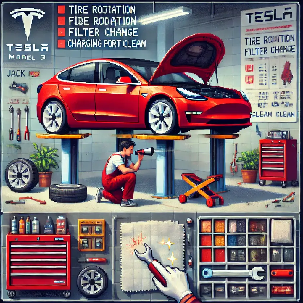 Pixel art close-up of a Tesla charging port being cleaned. A gloved hand wipes the port with a microfiber cloth while another sprays compressed air. A labeled toolbox sits nearby, and the background shows a sunny driveway with greenery.