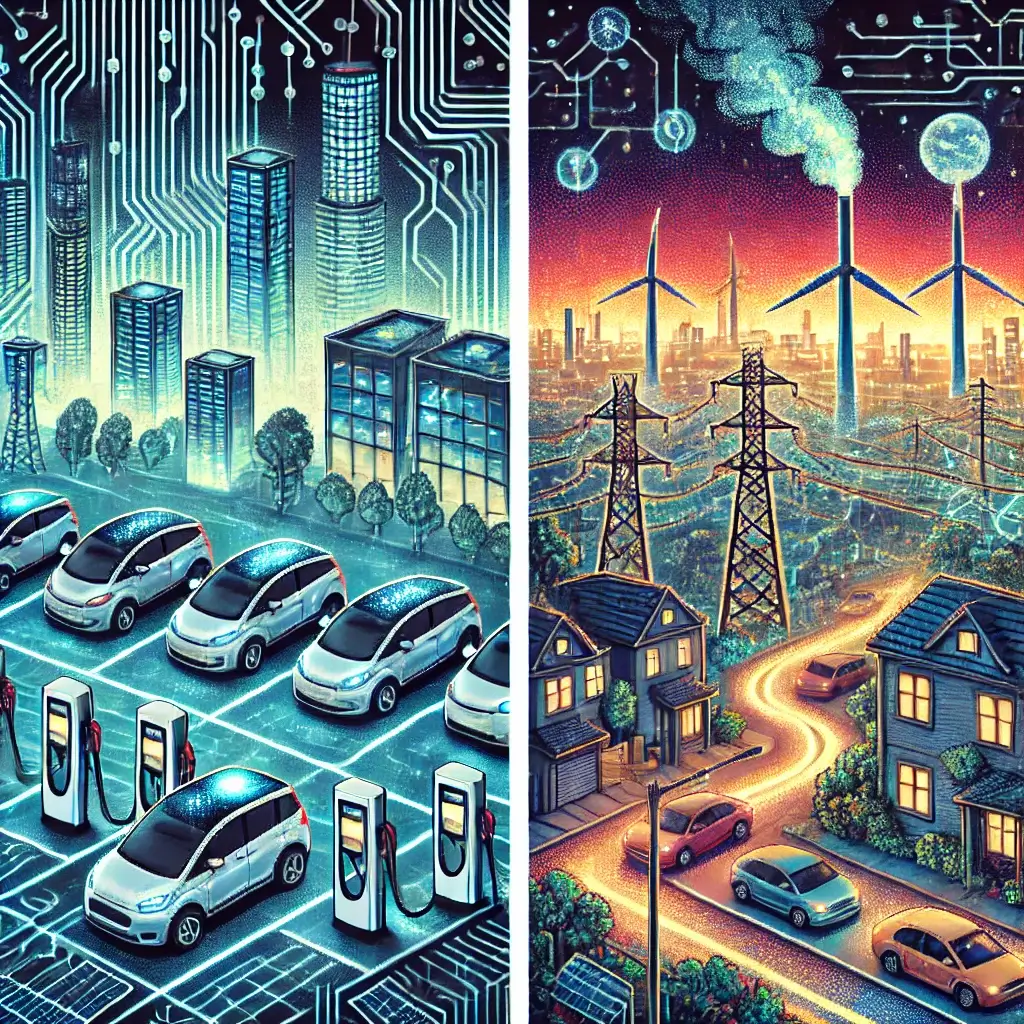 Pixel art of a suburban neighborhood under electrical strain, with multiple EVs charging, overloaded transformers, tangled power lines, flickering lights, and an old power plant emitting smoke in the background.
