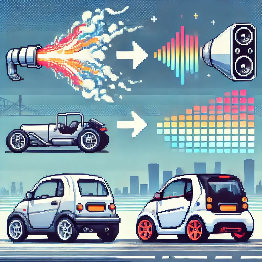 Pixel art of a classic gas car emitting bold EV sound waves, illustrating traditional engine noise.