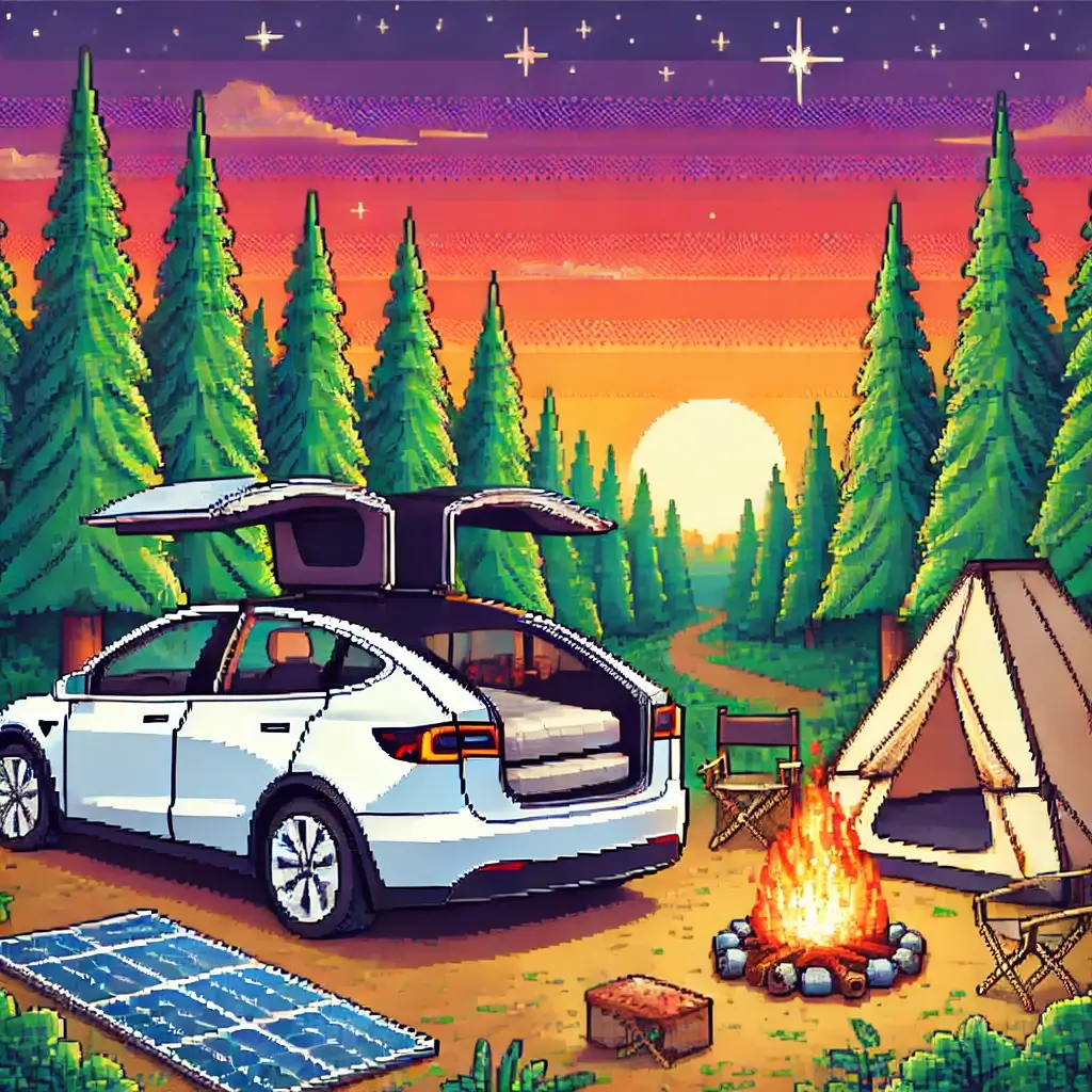 Pixel art of a Tesla-like EV camping at a forest campsite during sunset, with solar panels, a mattress in the back, and a glowing campfire. Tesla Adventures
