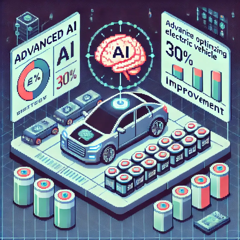 Pixel art of a futuristic AI dashboard monitoring an EV battery, showing +30% range increase