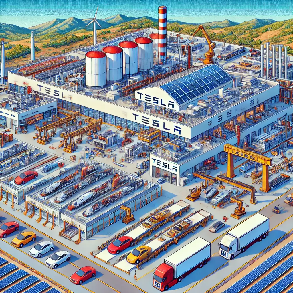 Pixel art of the interior of a Tesla Gigafactory showing robotic arms, battery assembly lines, and electric vehicle frames moving along conveyors in a futuristic, high-tech factory setting.