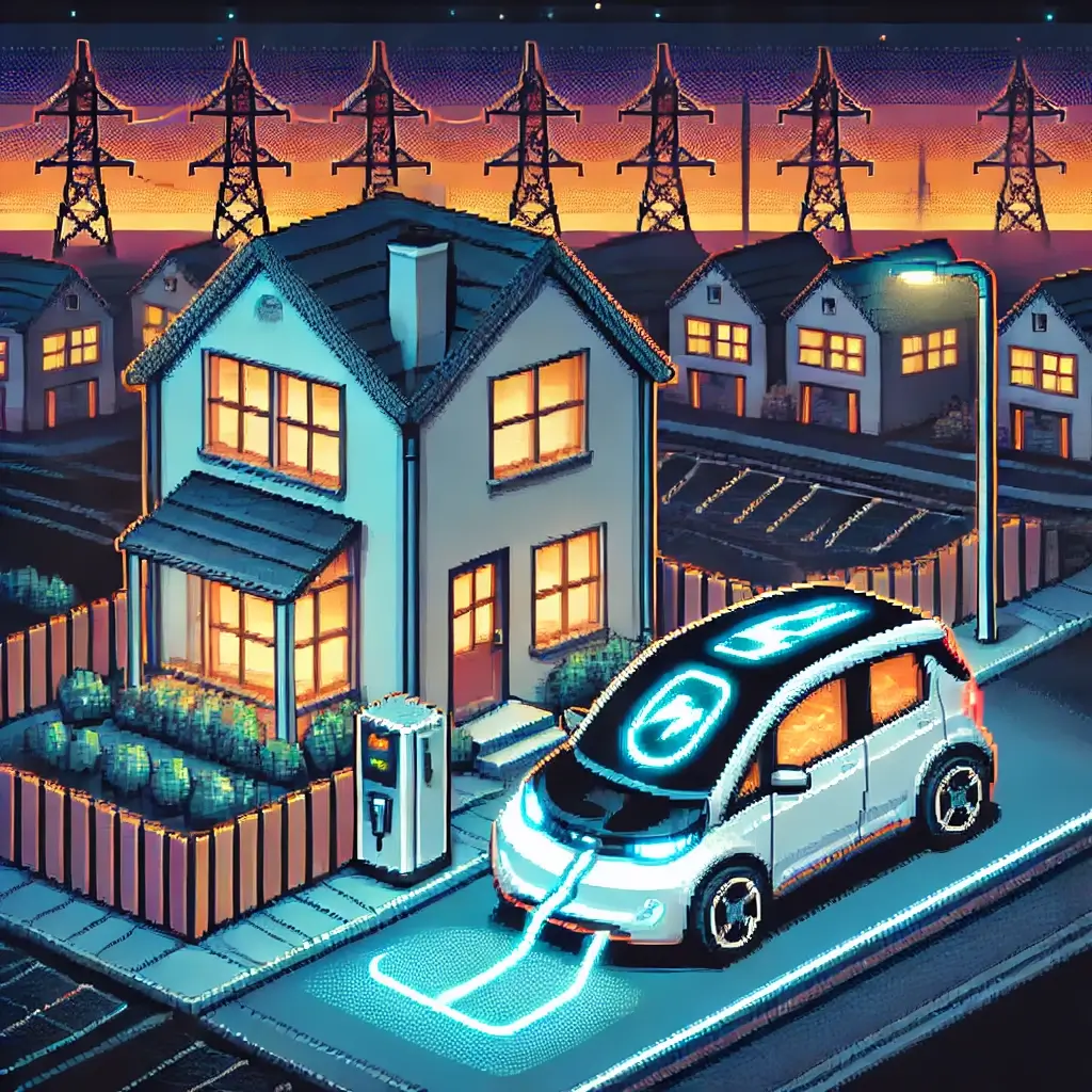 Pixel art illustration of a smart home receiving power from an EV during a power outage; glowing battery icon on the vehicle and dim power lines emphasize the Vehicle-to-Home (V2H) energy concept.