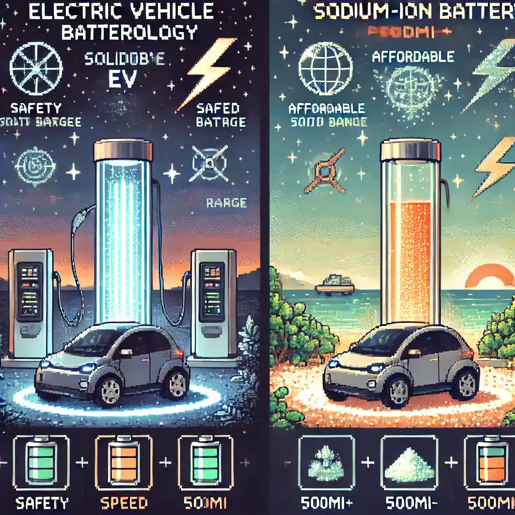 Pixel art of a futuristic EV charging station at night with a glowing solid-state battery, symbols for safety, speed, and 500-mile range under a starry sky.