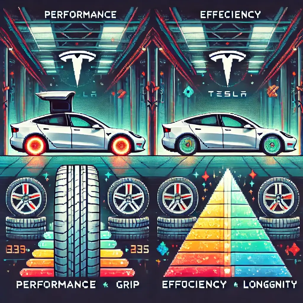 Tesla Model 3 in a futuristic garage with glowing performance tires