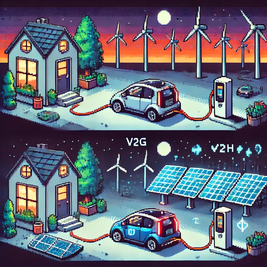 "Pixel art of an electric car at night powering a lit-up house via a cable, representing Vehicle-to-Home (V2H)." The V2G Revolution