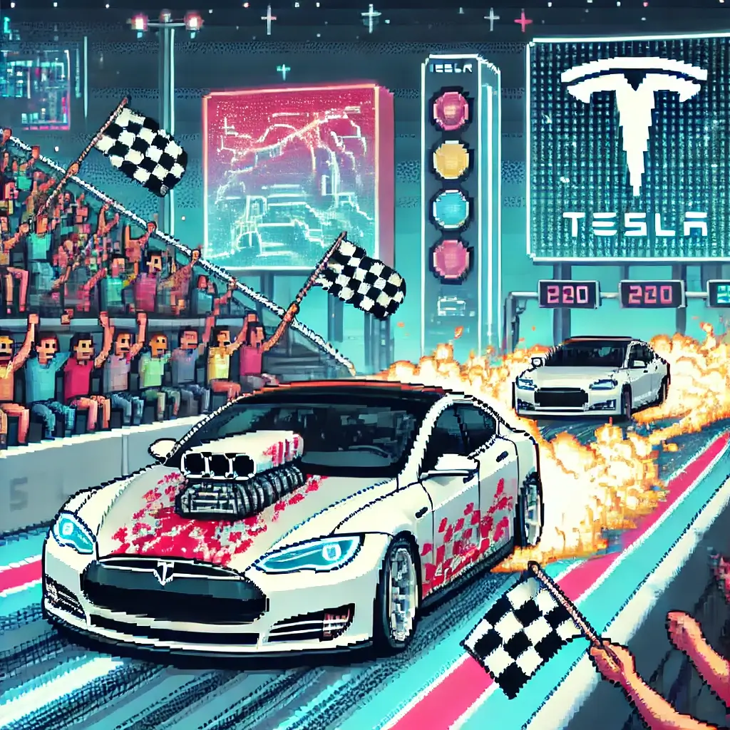 Pixel art of EV drag racing at a neon drag strip featuring a Tesla Plaid launching with smoke, futuristic billboards, and cheering crowd; theme of EV performance tuning and electric drag racing.