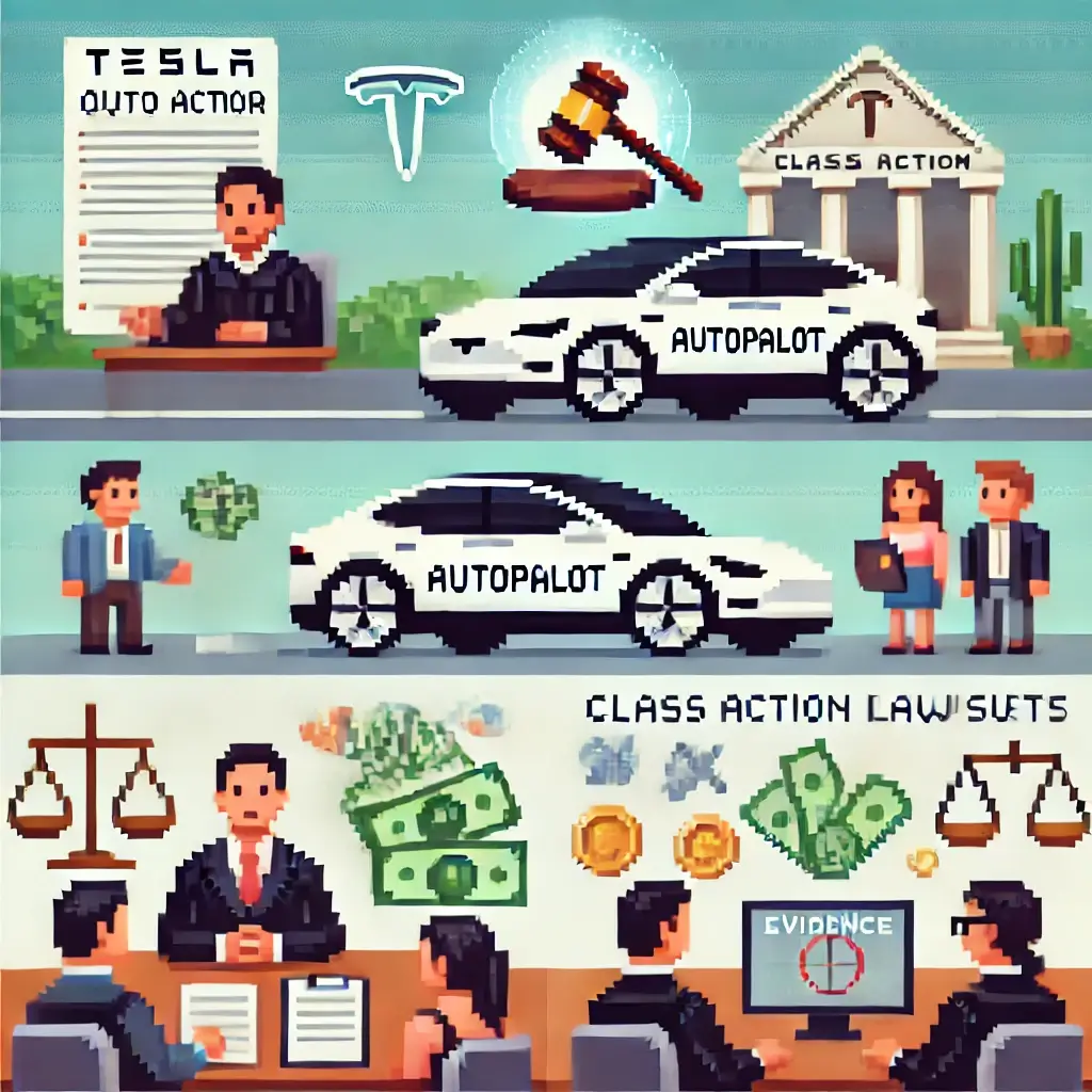 Pixel art of a Tesla-like car on a highway with glowing "Autopilot" text, judge’s gavel, and legal documents hovering — symbolizing Tesla autopilot class action lawsuits. Tesla Autopilot Class Action Lawsuits