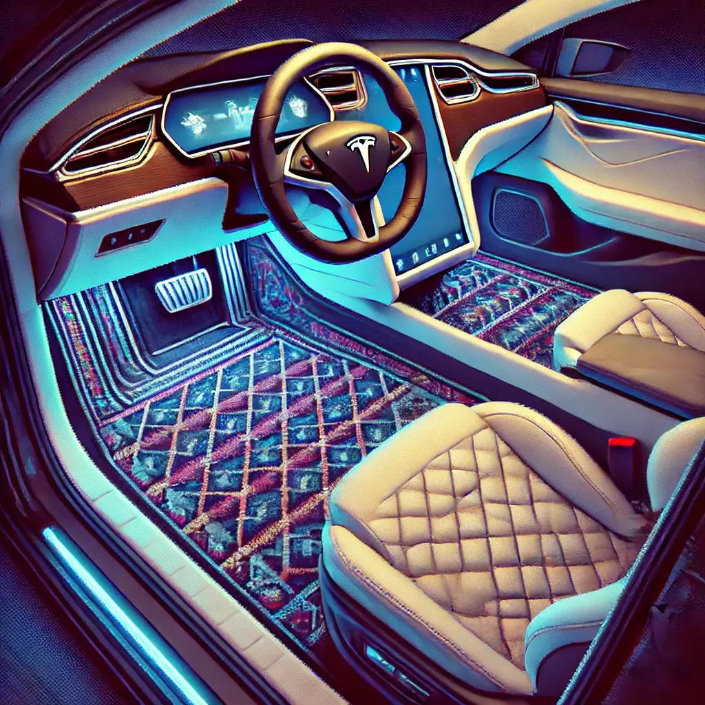 Custom-fitted luxury Tesla floor mats in a pixel art interior.