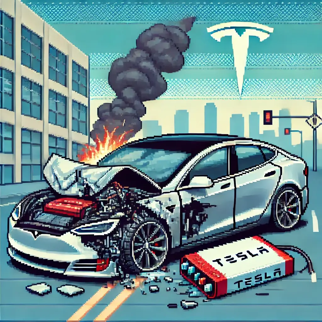 Pixel art illustration of a Tesla electric vehicle (EV) accident, showing visible damage to the car, including a high-voltage battery with smoke emanating from the car. The background is a city street with clear blue skies.
