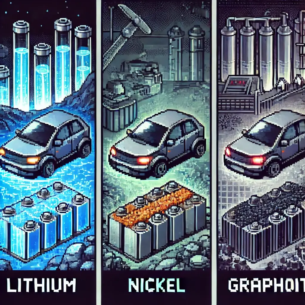 Pixel art of lithium powering EV batteries, with glowing blue energy, lithium rocks, and brine pools, symbolizing lithium’s role in electric vehicle battery investment. The 3 Raw Materials Powering a Multi-Trillion Dollar EV Revolution: What Every Investor Needs to Know