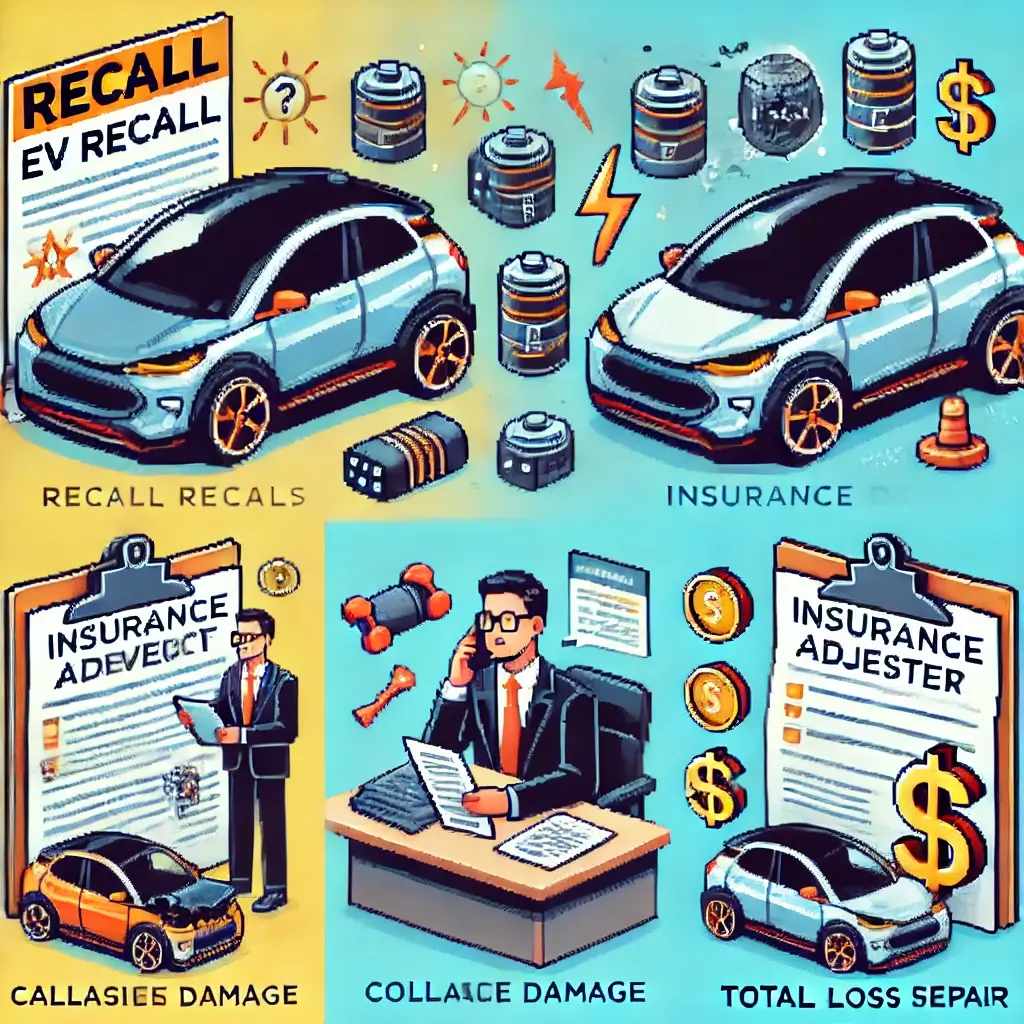 Pixel art of an EV with a recall notice, anxious driver, and insurance paper, symbolizing EV recalls, insurance payouts, and driver responsibility. How EV Recalls Affect Insurance Payouts
