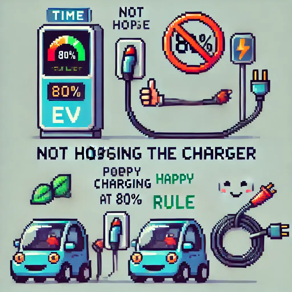 Pixel art showing two EVs at a public charger, one plugged in with a timer icon and another waiting, representing not hogging the charger. EV Charging Etiquette