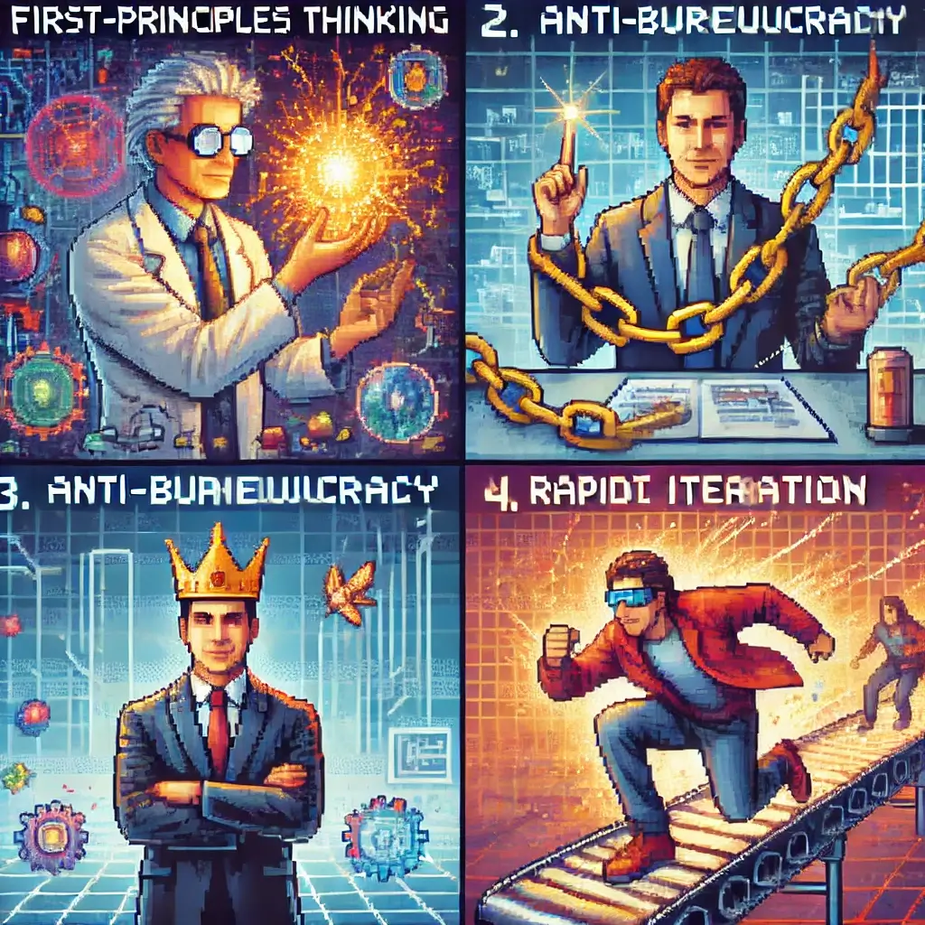 Pixel art of an inventor deconstructing a glowing machine with blueprints and tools, representing first-principles thinking Tesla’s Innovation Culture