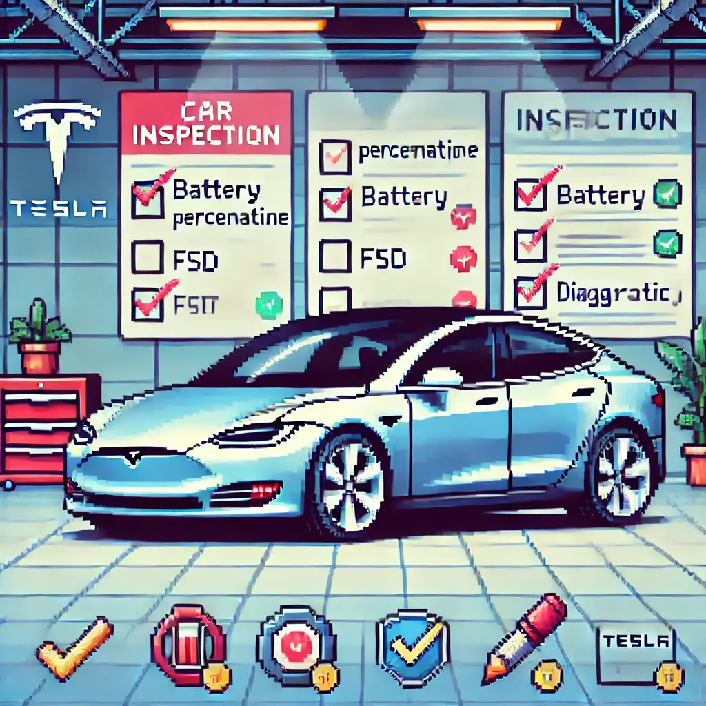 Pixel art of a used Tesla in a showroom with floating checklists and diagnostics icons like battery and FSD.