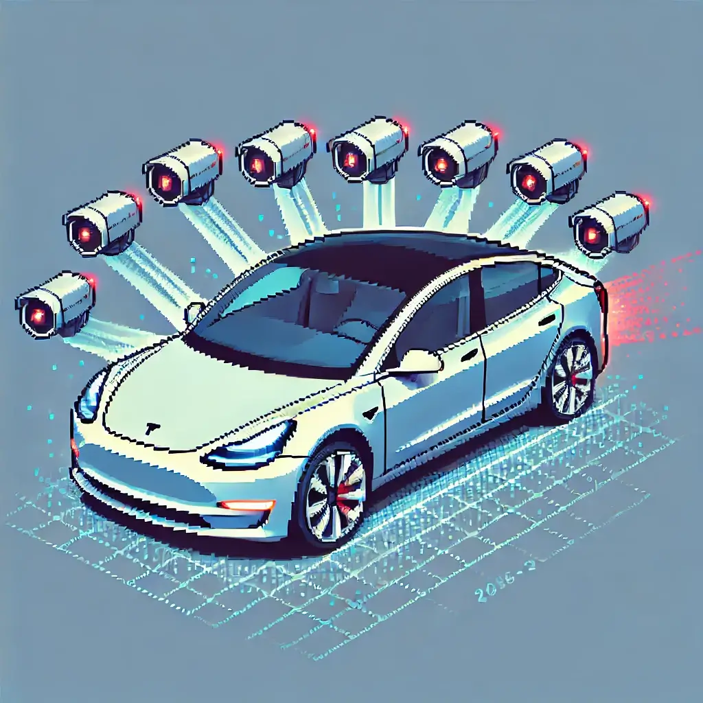 Pixel art of Tesla Autopilot AP2 with NVIDIA Drive PX 2 chip, Tesla Model 3, and 8 glowing cameras for 360° vision.