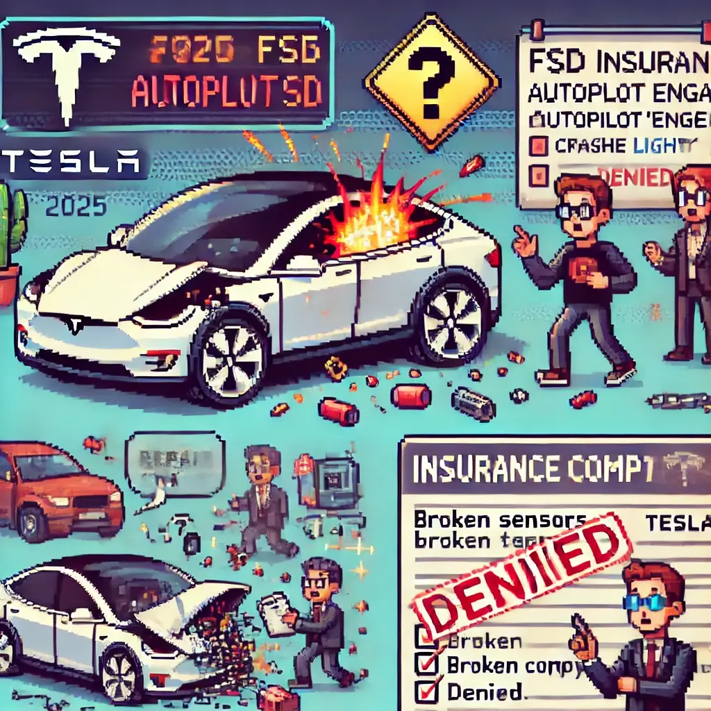 Pixel art of a Tesla accident with FSD engaged, showing a crash, flying insurance papers, and a big question mark symbolizing Tesla accident liability insurance confusion.