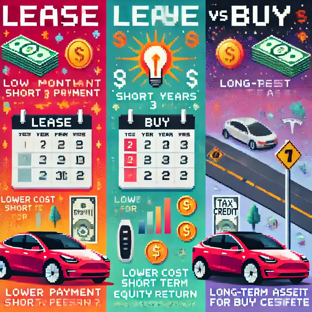 Pixel art Tesla Model Y split into “Lease” and “Buy” sides, showing low payment and return keys on the lease side, and equity and ownership icons on the buy side, referencing 2025 Tesla lease vs buy guide.