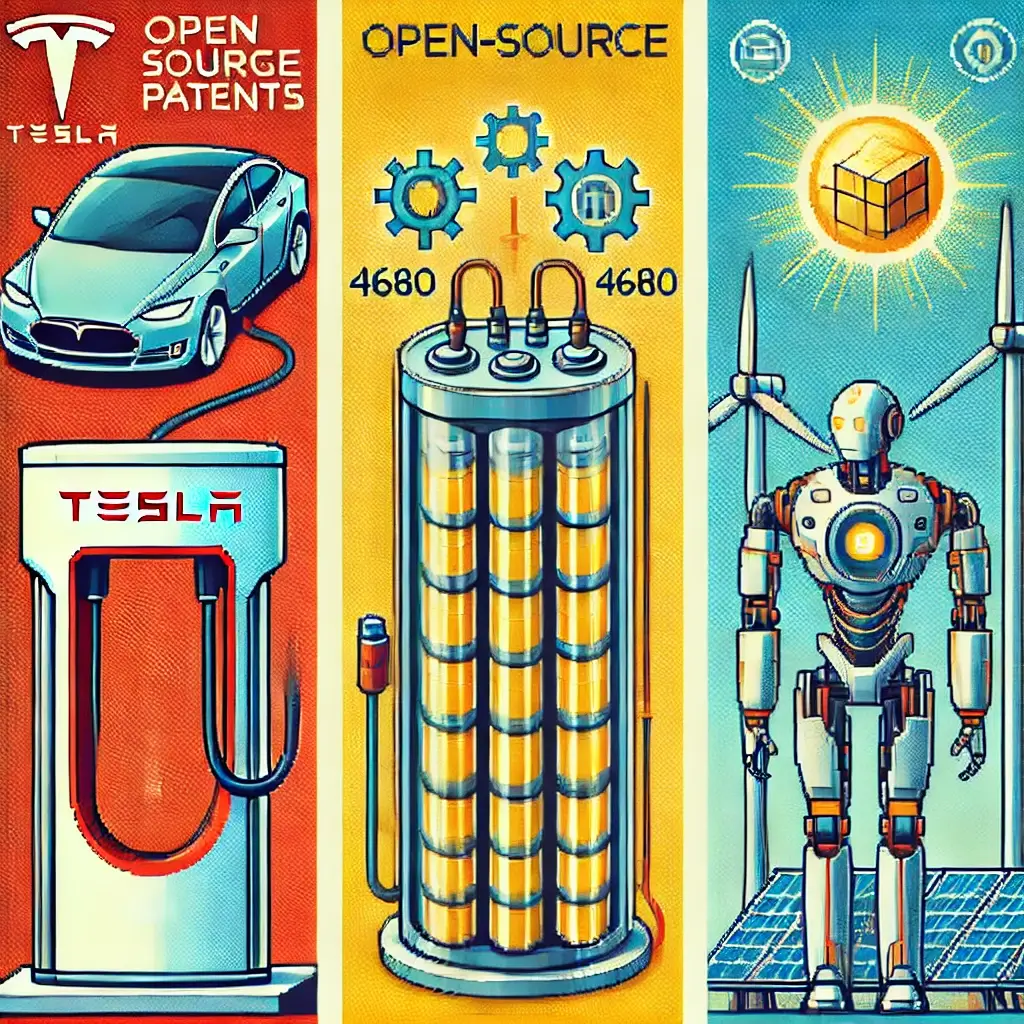 Pixel art of a Tesla electric car at a Supercharger with patent documents floating above, representing open-source patent strategy.