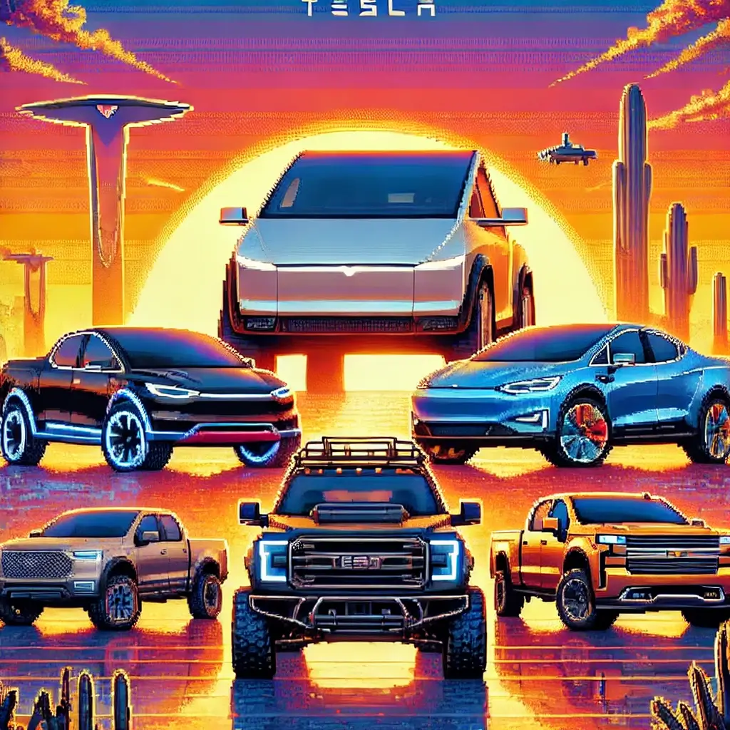 Pixel art of four electric pickup trucks—Tesla Cybertruck, Ford F-150 Lightning, Rivian R1T, and Chevy Silverado EV—lined up at sunset, each with distinct design details.