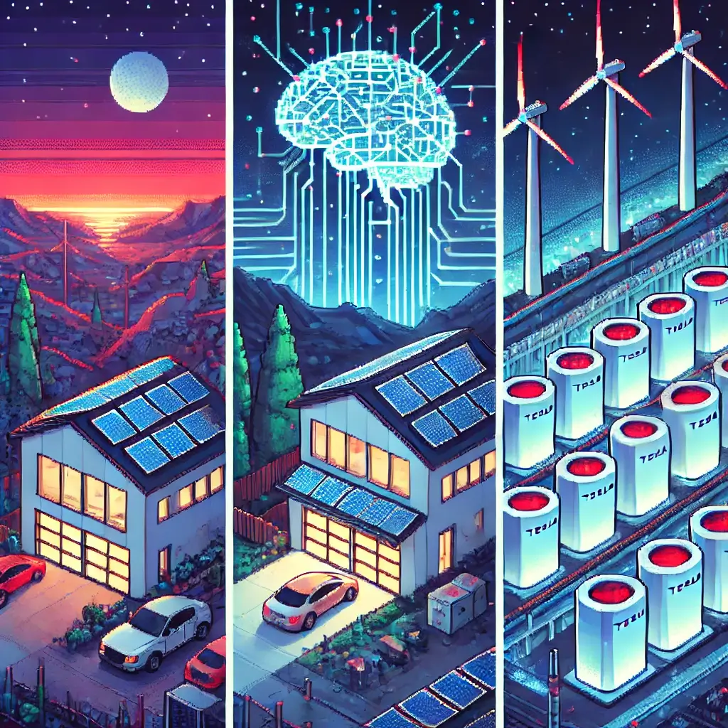 Pixel art of a brightly lit home with solar panels and a Tesla Powerwall during a nighttime blackout. Tesla’s Epic Energy Gamble