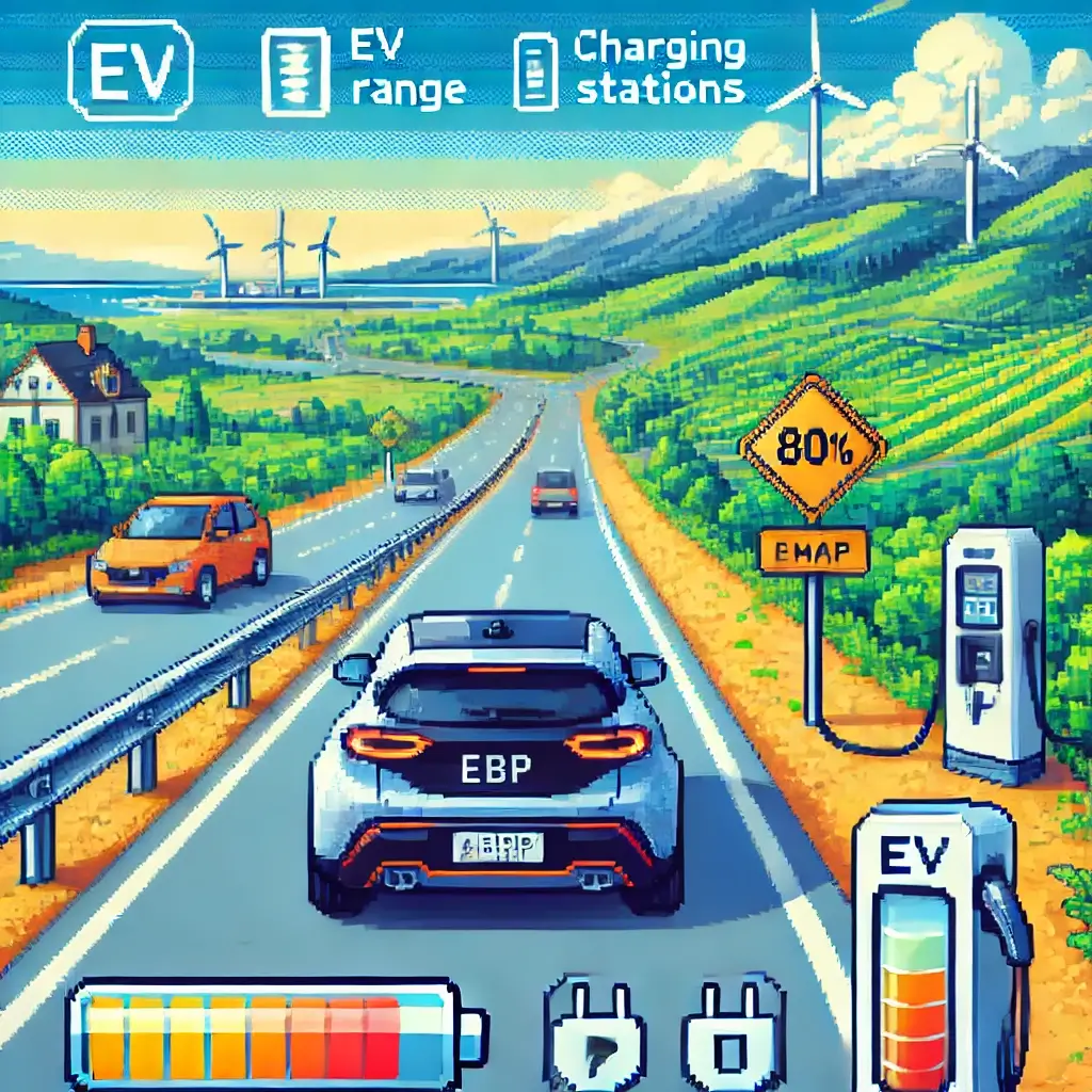 Pixel art image of an electric vehicle traveling along a scenic highway with a visible 80% battery indicator and a charging station ahead. Roadside signs include ABRP and PlugShare logos, symbolizing EV road trip planning tools and charging station discovery.