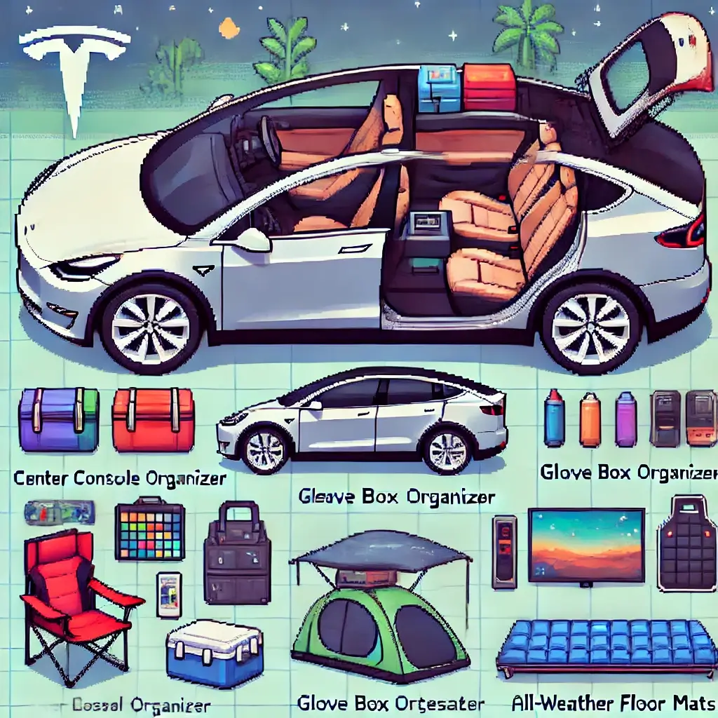 Pixel art of Tesla Model Y interior showing center console organizer, glove box organizer, and all-weather floor mats.