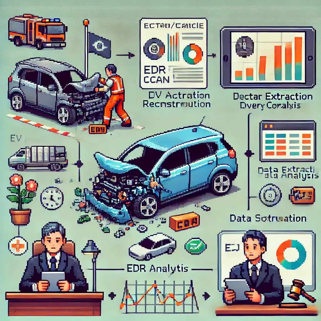 Pixel art of EV accident reconstruction expert examining a crashed electric vehicle with EDR and CAN data icons floating.