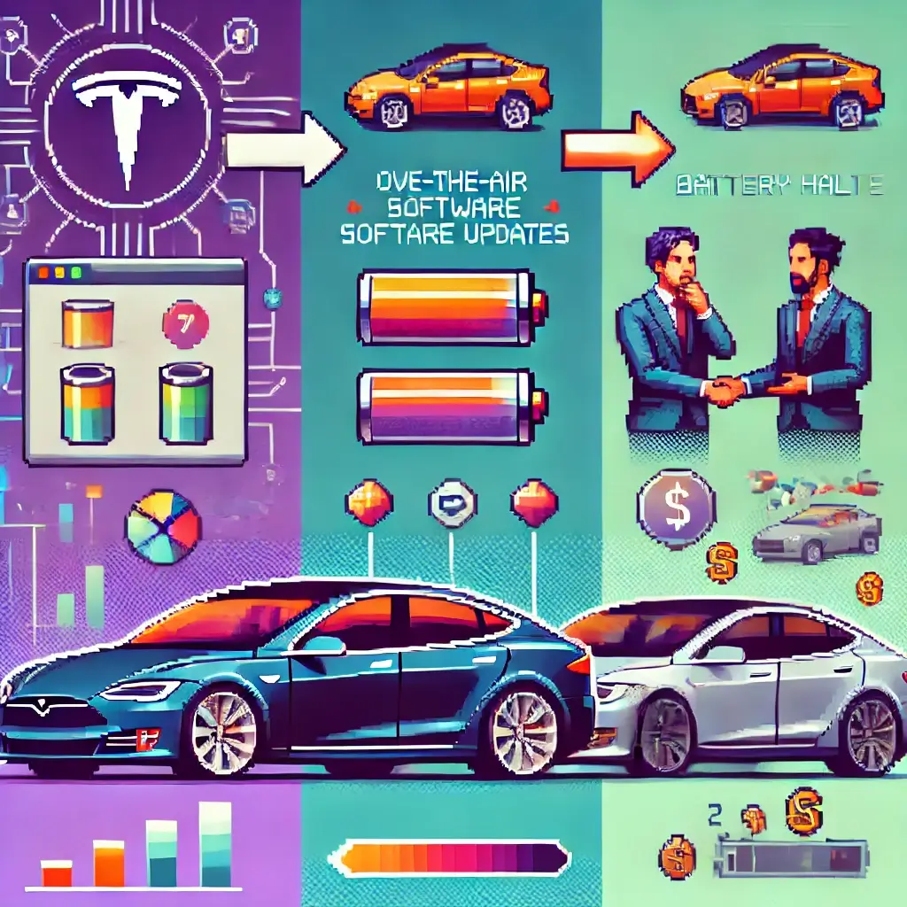 Pixel art of a Tesla on a digital road receiving floating over-the-air update icons. Tesla Resale Value