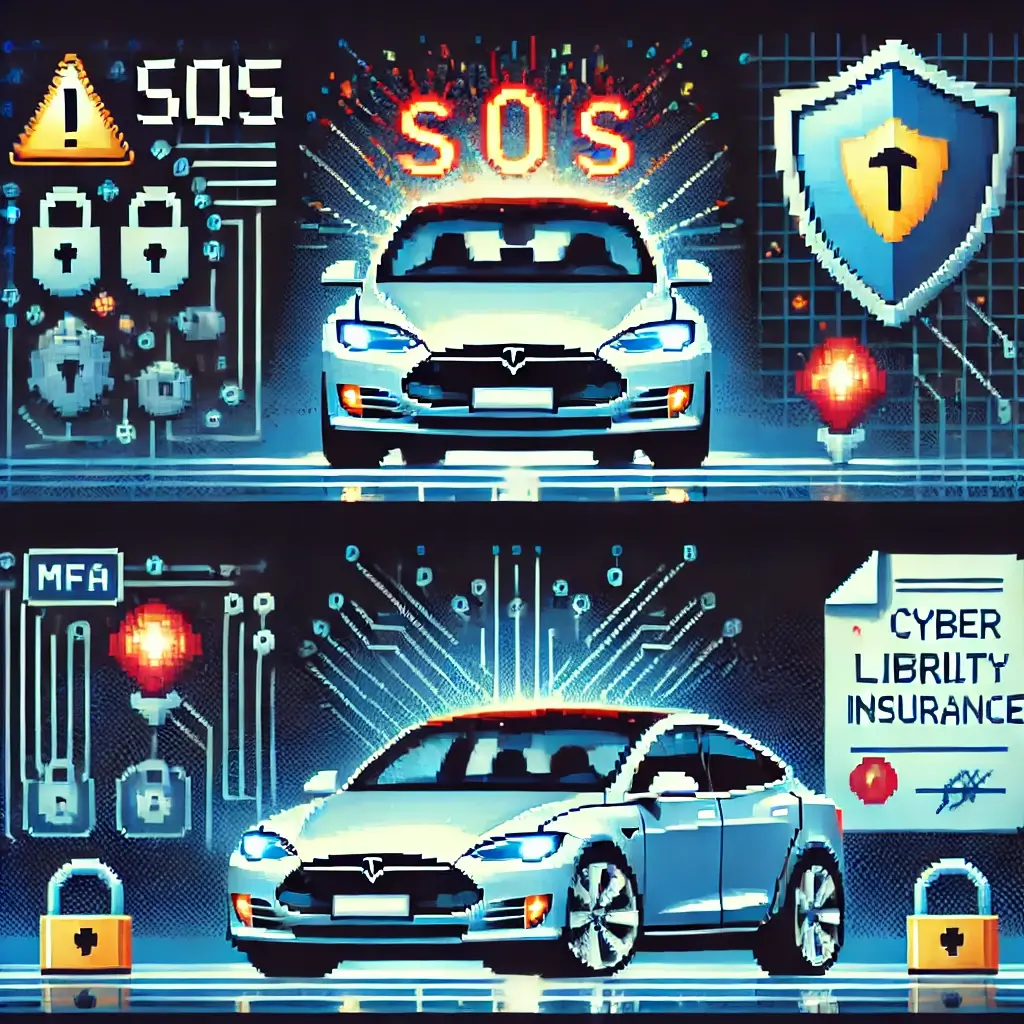 Pixel art Tesla with flashing SOS headlights and chaotic infotainment screen, symbolizing a hacked Tesla cyber liability insurance scenario.