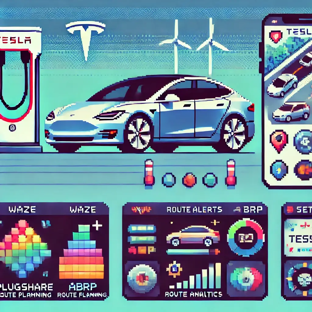 Pixel art Tesla charging at a station with PlugShare and ABRP icons floating above.