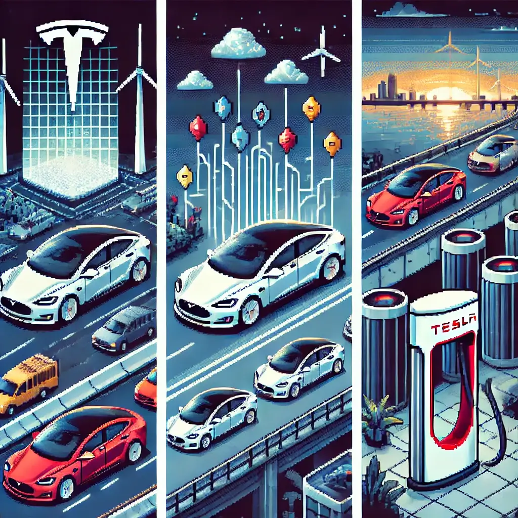 Pixel art of a Tesla car as a data hub, scanning roads with sensors and sending real-time traffic and infrastructure data for smart cities.