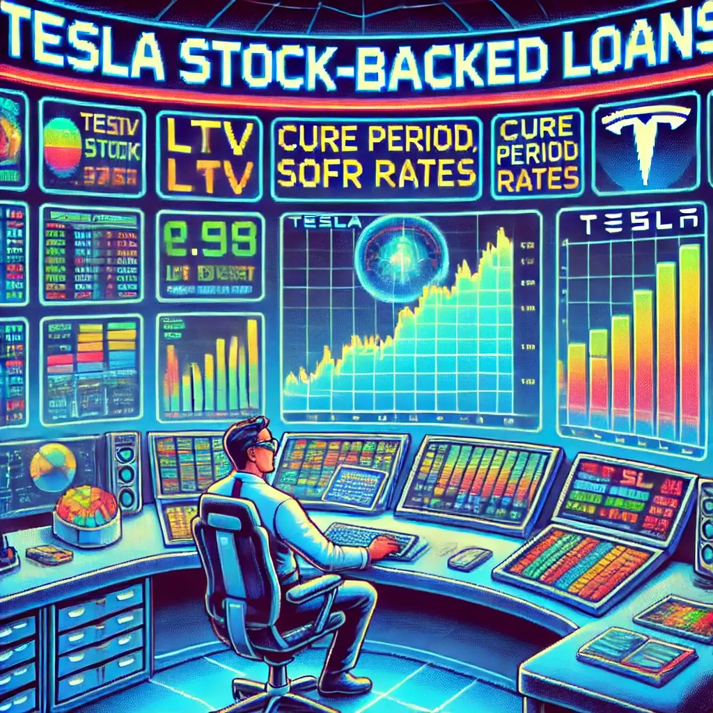 Pixel art of a futuristic trader managing Tesla stock-backed loans with holographic LTV and SOFR data glowing in neon.