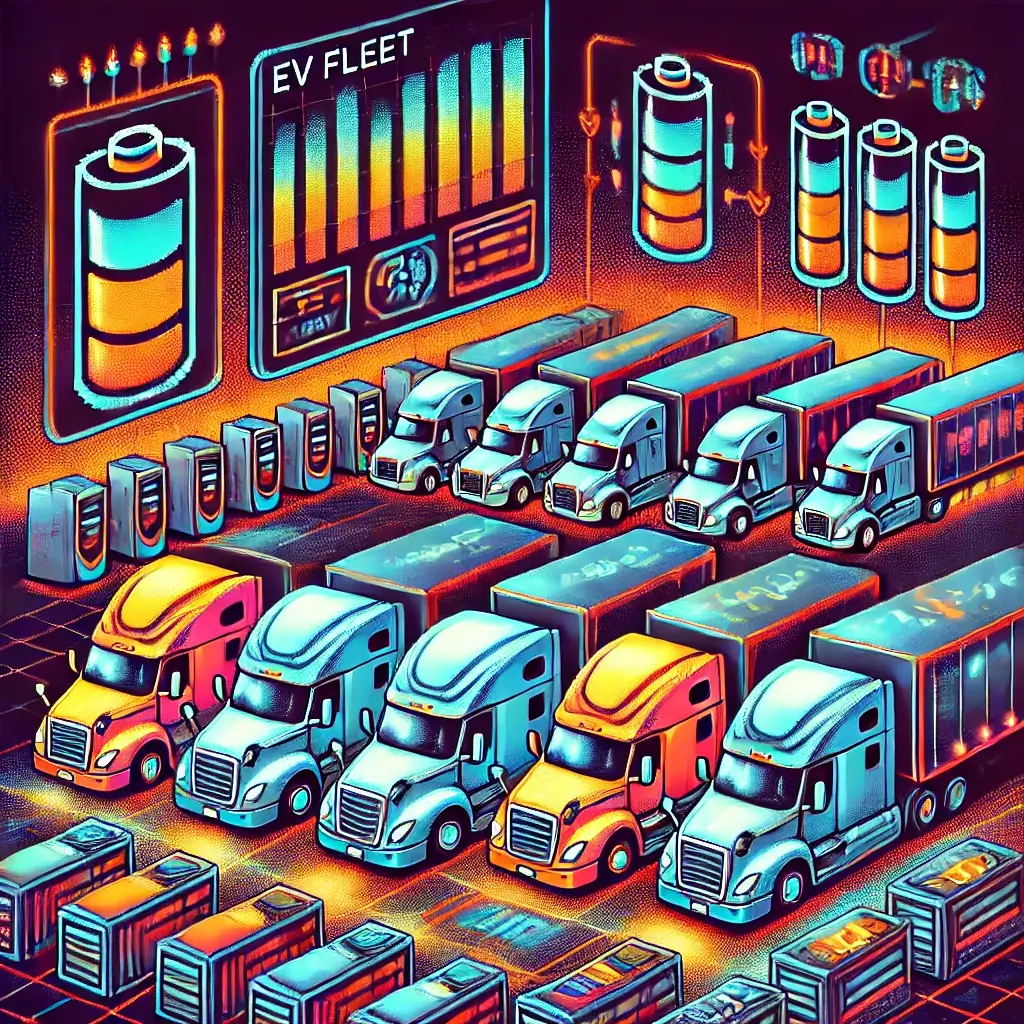Pixel art of electric semi-trucks charging under neon lights, symbolizing EV fleet depreciation strategies with battery icons and dashboards.