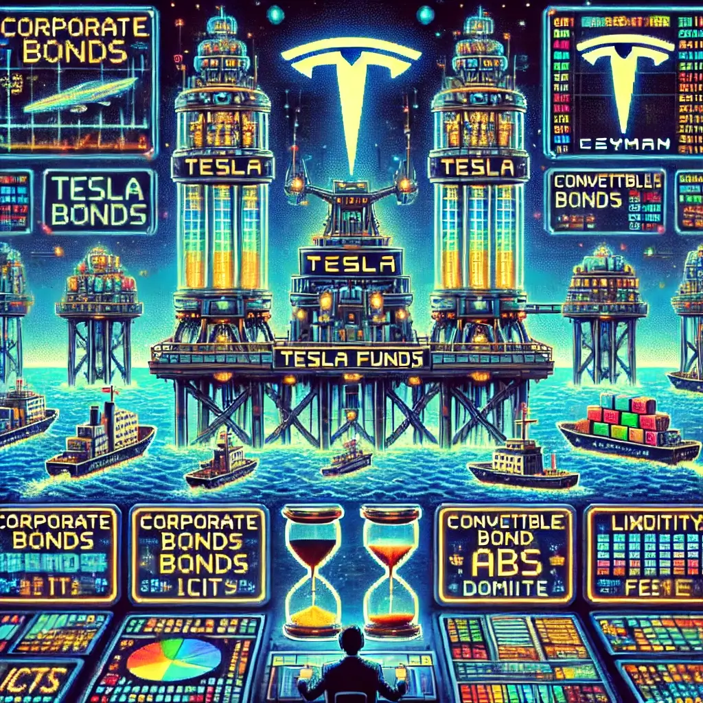 Pixel art of offshore Tesla bond funds — futuristic ocean platform with glowing Tesla bond towers, ships carrying certificates, and UCITS/Cayman flags.