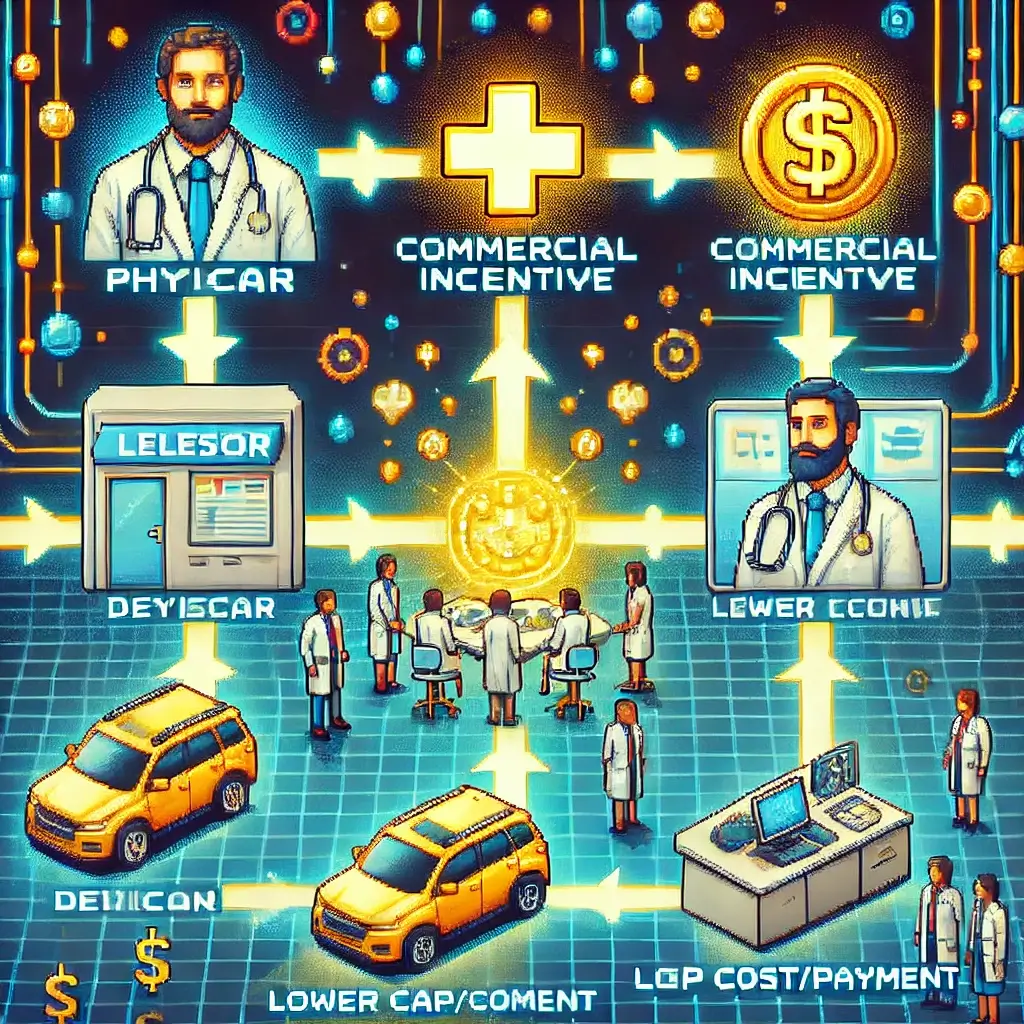 Pixel art flowchart of EV leasing tax loopholes: physician → dealer/lessor → glowing commercial incentive → lower cap cost/payment, set in a hybrid medical office dealership background.