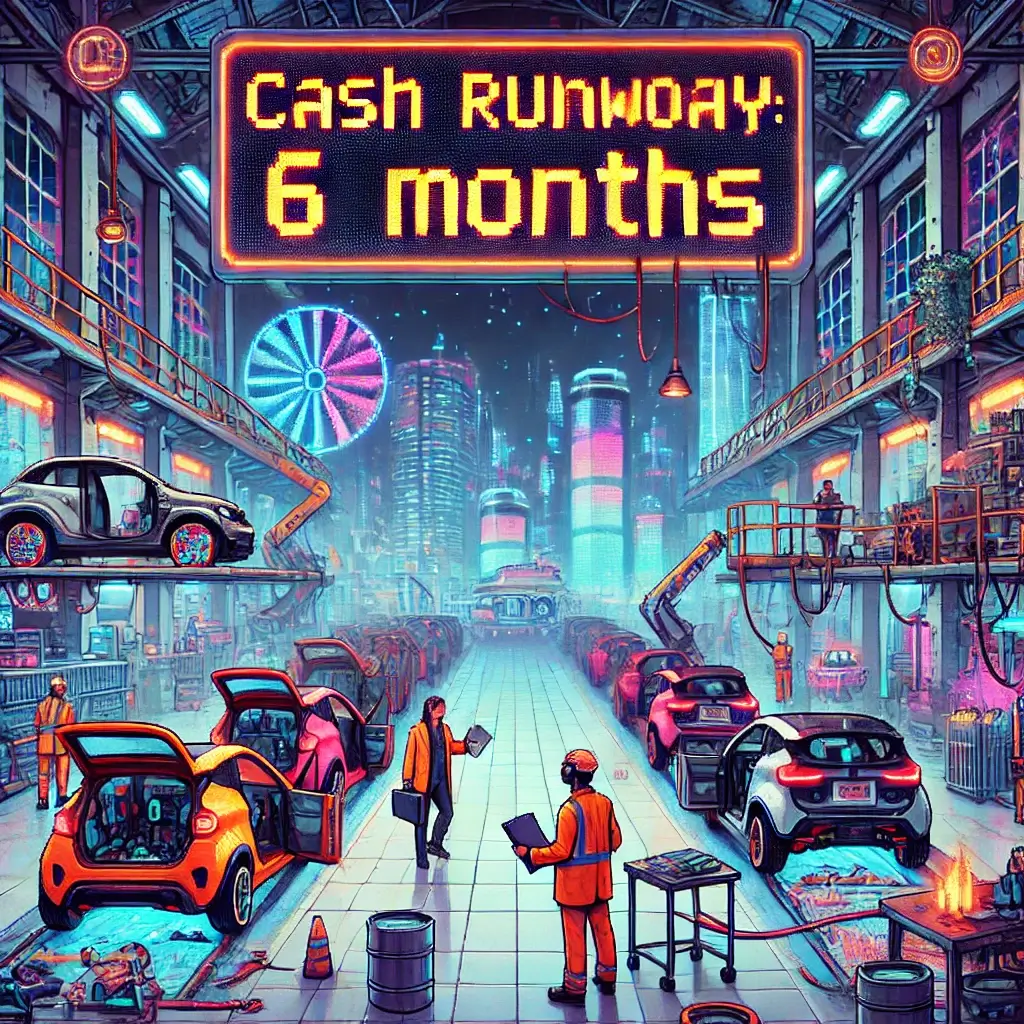 Pixel art of a futuristic EV factory floor in 2025 with unfinished cars, neon bankruptcy risk signs, and a digital cash runway timer.