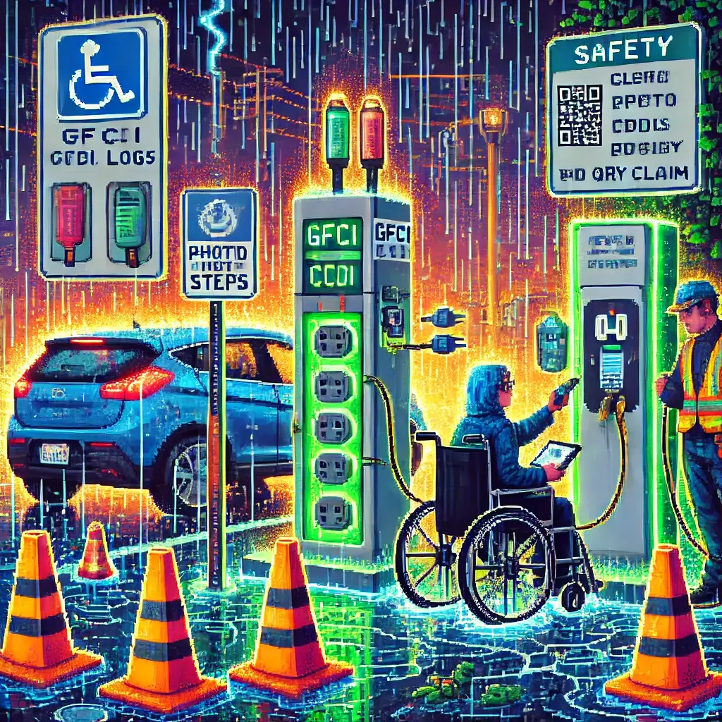 Pixel art of an outdoor EV charging station in heavy rain with glowing GFCI and CCID devices tripping safely, safety signage, and drainage to prevent EV charging electrocution and disability claims.