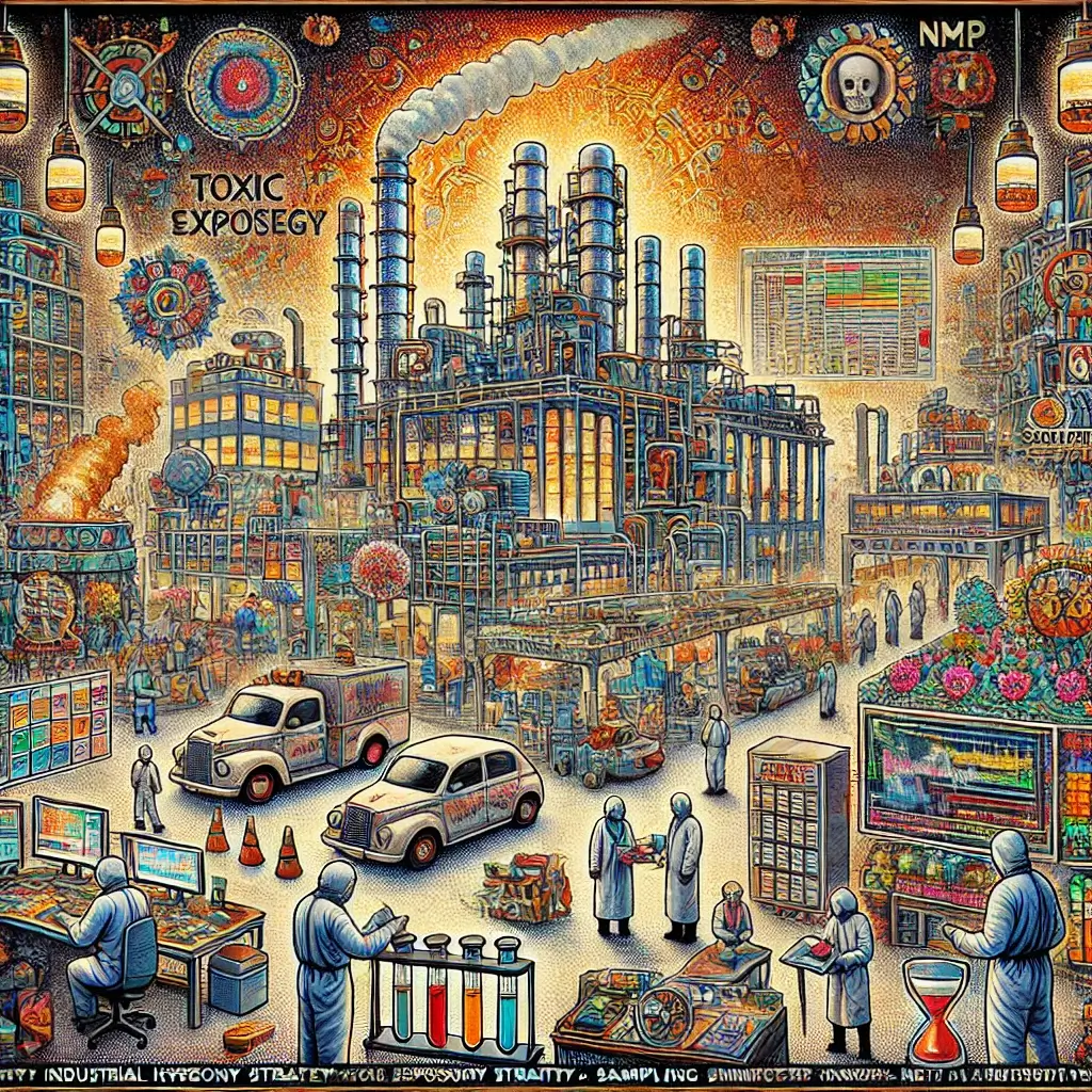 Pixel art of EV battery factory toxic exposure lawsuits, showing workers, cobalt dust, NMP solvent risks, and legal documentation.