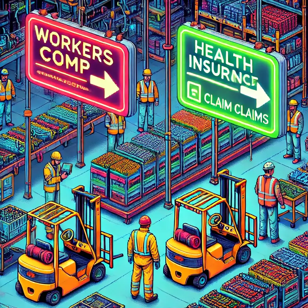 13 Street-Smart workers comp vs health insurance Moves for Georgia EV Battery Teams (2025). Pixel art of Georgia EV battery assembly line with workers in PPE, forklifts, and high-voltage tools; glowing split screen shows “Workers Comp vs Health Insurance” decision point; safety claim flow highlighted.