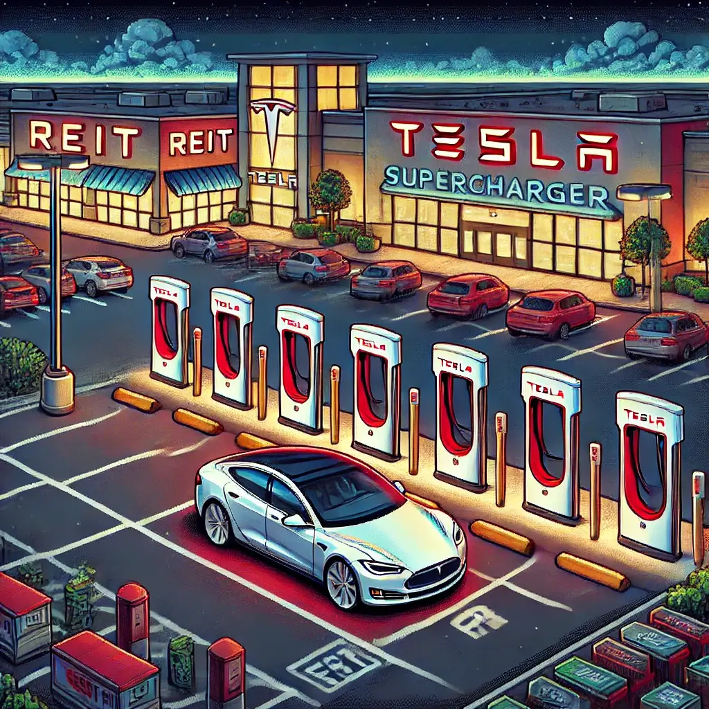 Pixel art of a REIT-owned shopping center parking lot with Tesla Superchargers, symbolizing REITs owning Tesla Supercharger land, parcel maps, and retail EV charging.