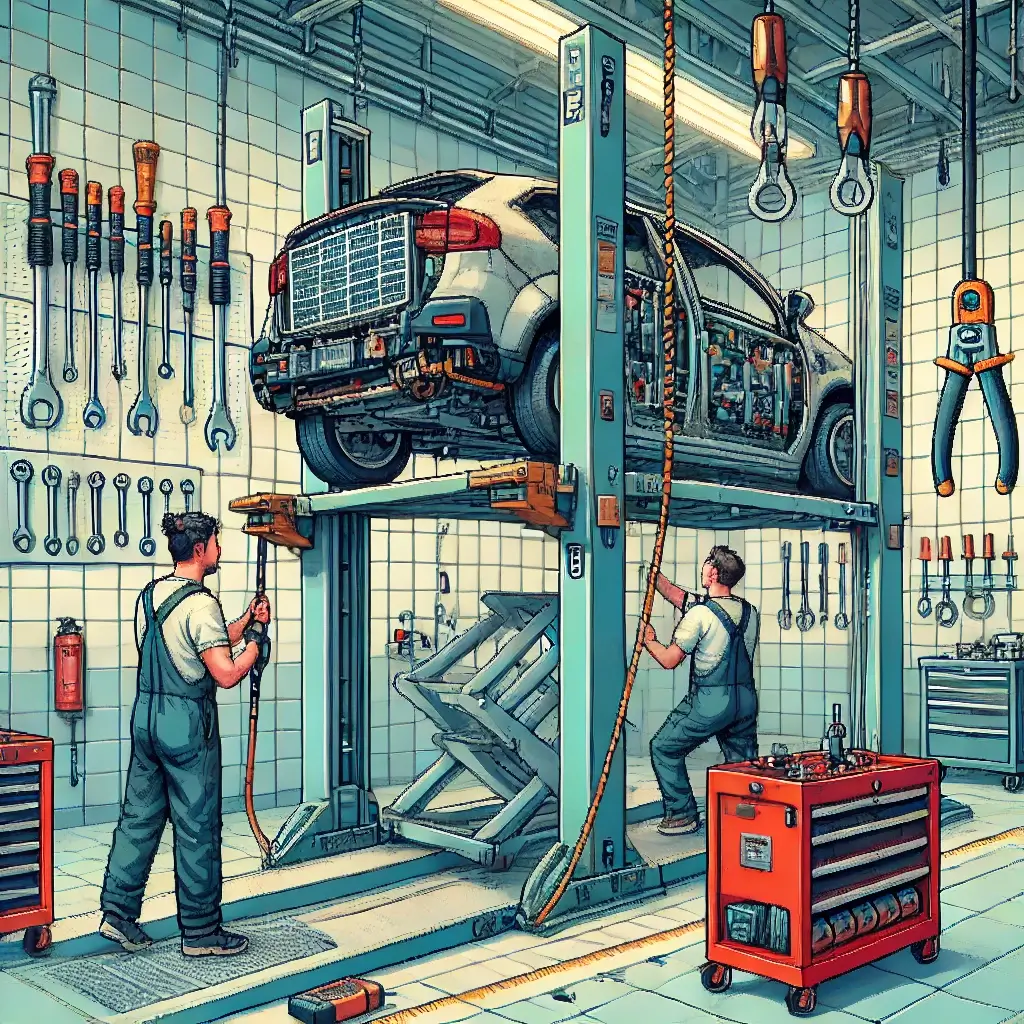 Pixel art of EV repair bay showing two mechanics aligning a heavy battery pack with a scissor lift table and ratcheting strap, highlighting ergonomics, torque tool balancers, and musculoskeletal injury prevention.