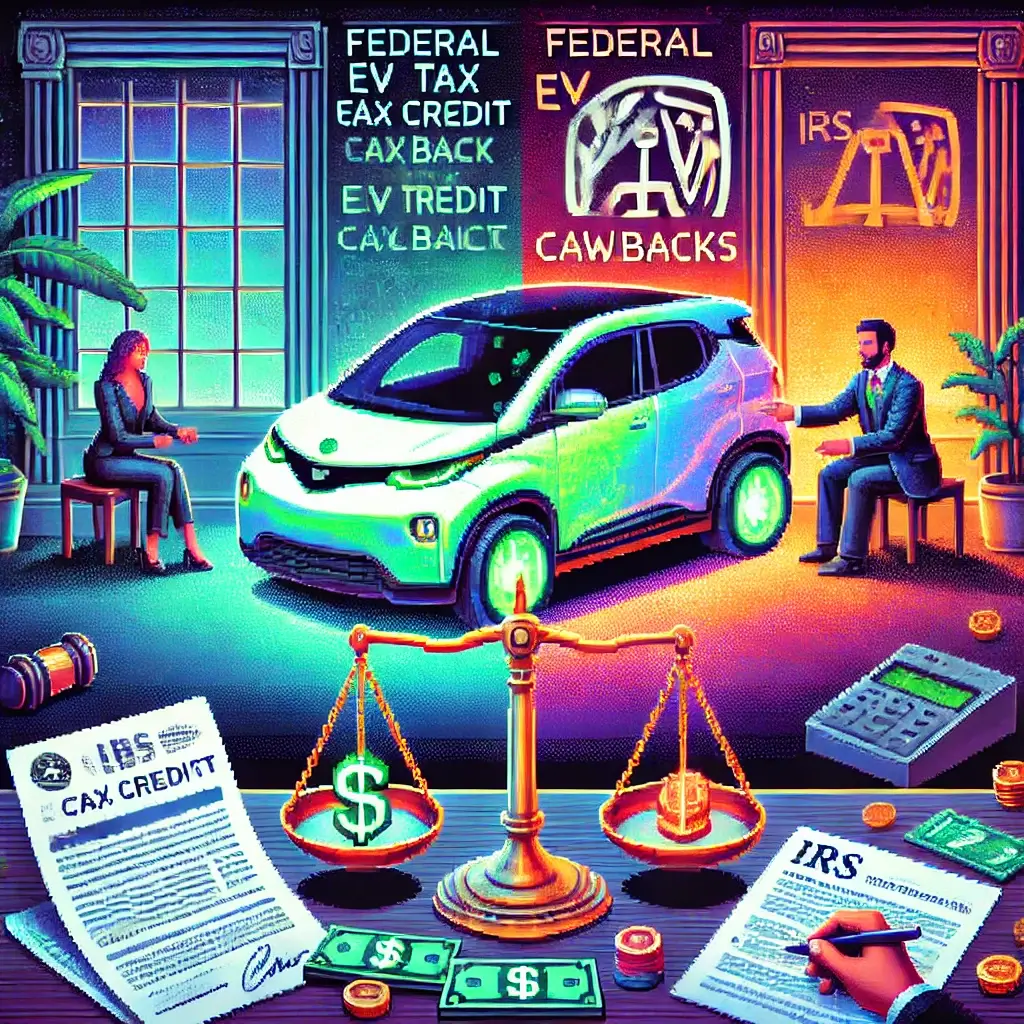 Pixel art of divorce and federal EV tax credit clawbacks, showing a split home, electric car, and IRS forms.